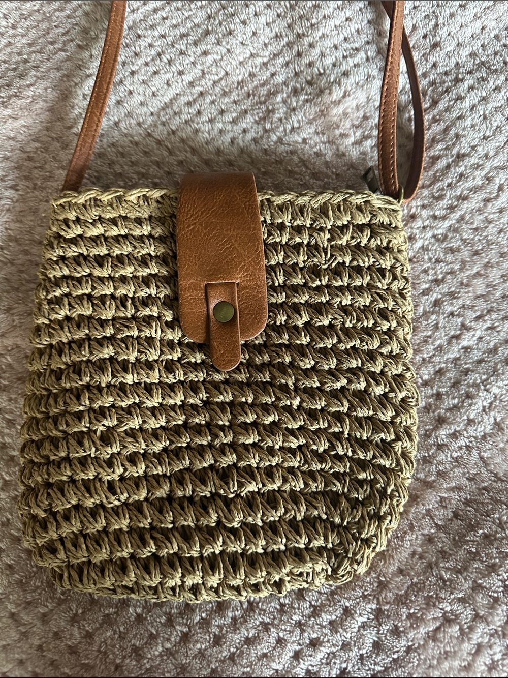 Woven Crossbody Bag with Faux Leather Trim - tan